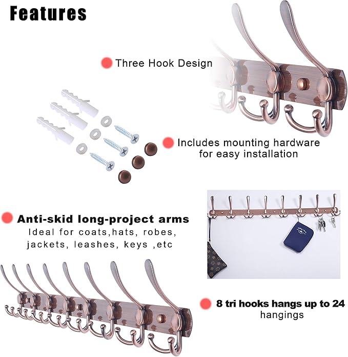 Dseap Coat Rack Wall Mount - 29.5??Long 8-Tri-Hooks Heavy Duty Coat Hanger Rail Wall Hooks for Hanging Coats Hats Clothing Clothes Purse Mudroom Entryway, Red Antique Copper