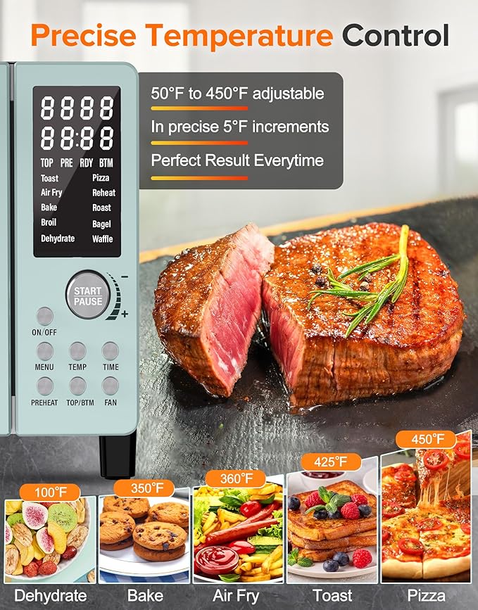 Nuwave Bravo Pro Smart Air Fryer Toaster Oven Combo, Airfryer Convection Oven Countertop, 10-in-1 Functions with Quicker & Even Crisp Technology, 1800W, 50-450째F, PFAS-Free, 21QT, Mint