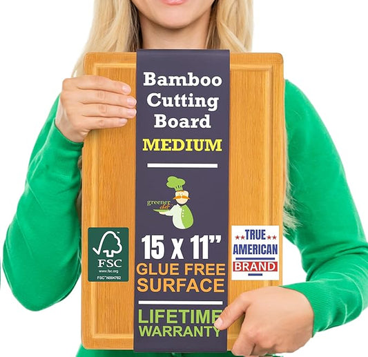 Bamboo Cutting Board ??15 Inch Wood Cutting Boards for Kitchen with Glue-Free Surface??& Juice Groove ??Non-Toxic, FSC-Certified, Durable Wooden Chopping Board - Rectangle
