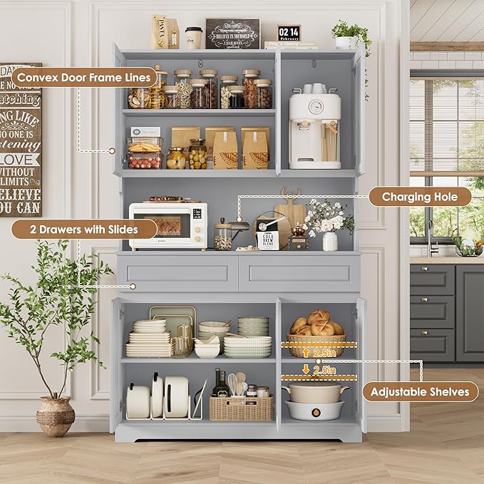 FACBOTALL 74" Pantry Cabinet, Tall Kitchen Pantry Cabinet with 6 Doors and 2 Drawers, Kitchen Hutch with Wide Countertop, Modern Kitchens Cupboard with Adjustable Shelves and Charge Holes, Grey