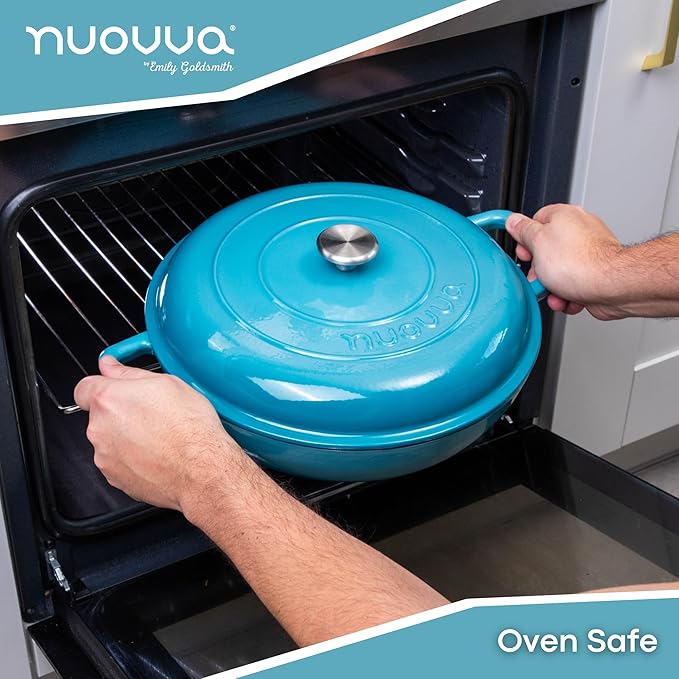 Shallow Cast Iron Casserole with Lid ??Non Stick Dutch Oven Pot, Oven Safe up to 500째 F ??Sturdy Ovenproof Stockpot Cookware ??Enamelled Cooking Pot ??Blue, 5-Quart, 32cm ??by Nuovva