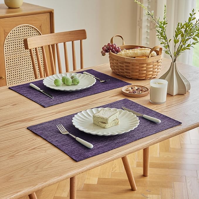 Softalker Faux Linen Placemats Set of 12-12 x 18 Inch, Heat Resistant Double Layered Durable Burlap Farmhouse Place Mats, Non-Slip Washable Rustic Table Mats for Dining, Kitchen, Party竊늁urple