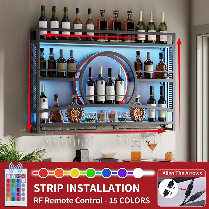 Boshen 3-Tiers 46in Wine Rack Wall Mounted with LED Light, Sunset Shape Hanging Bar Liquor Wall Shelves with Glass Holder Metal Display Rack for Kitchen Coffee Dining Room Home, No Assembly Required
