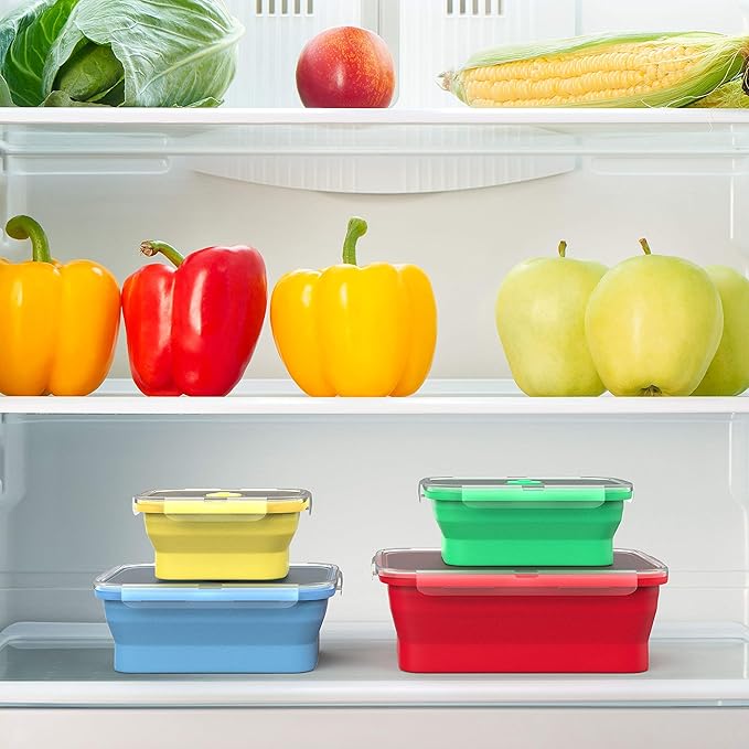 Vremi Silicone Food Storage Containers with BPA Free Airtight Plastic Lids - Set of 4 Small and Large Collapsible Meal Prep Container for Kitchen Lunch Boxes - Microwave and Freezer Safe