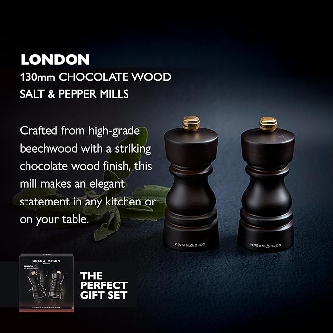 Cole & Mason London Refillable Spice Mill - Kitchen & Home Accessory - Salt & Pepper Grinder Set - Salt Mill with Ceramic Mechanism - Pepper Mill with Carbon Steel Mechanism - 5", Chocolate Wood