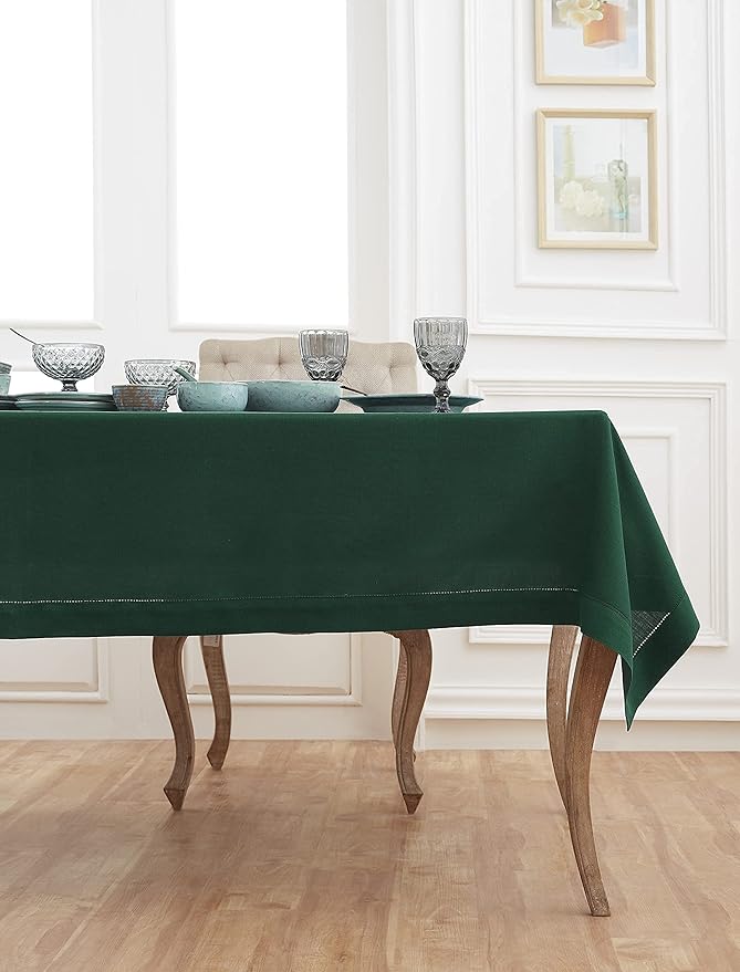 Solino Home Linen Tablecloth 60 x 90 Inch - Classic Hemstitch 100% Pure Linen Rainforest Green Table Cloth for Rectangle Tables - Machine Washable Tablecloth for Winter, St Patricks Day