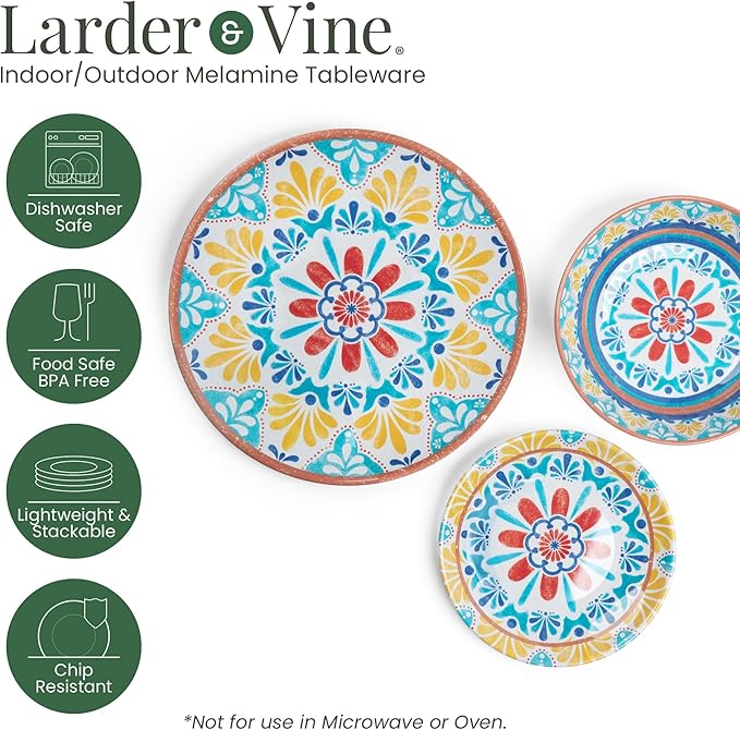 Larder & Vine 12-Piece Melamine Dinnerware Set: Durable, Lightweight, Break-Resistant Plates & Bowls ??Stylish, Non-Toxic, Dishwasher Safe ??Ideal for Everyday Use, Indoor & Outdoor Dining ??Southwest