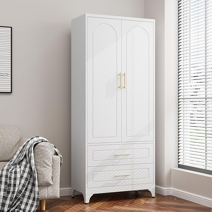 75??Tall Kitchen Pantry Cabinet,Metal Storage Cabinets with Doors and Adjustable Shelves竊똌odern Kitchen Hutch Cabinet,Freestanding Cupboard for Dining Room