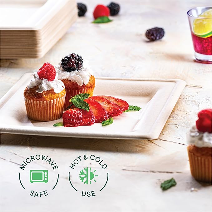 100% Compostable Square Paper Plates [50-Pack] - {PFAS-Free} - {BPI Certified} - [8 Inch] Heavy Duty, Eco-Friendly, Biodegradable Bagasse Dinner Plates - Natural Brown 8" Square Plate by Stack Man