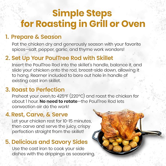 Chicken Penetrator Rod with Skillet Roaster ??for Juicy Meat & Crispy Skin ??for Grill, Oven & Smoker ??Rotisserie-Style with no Spin ??Auto Convection - Skillet Included