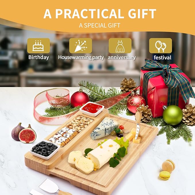 Charcuterie Boards Accessories, Charcuterie Boards with Knife Set, Cheese Board Serving Tray, Gifts for Women, Housewarming Gifts for New Home, Wedding Gift for Couples 2025 (With 2 Bowl)