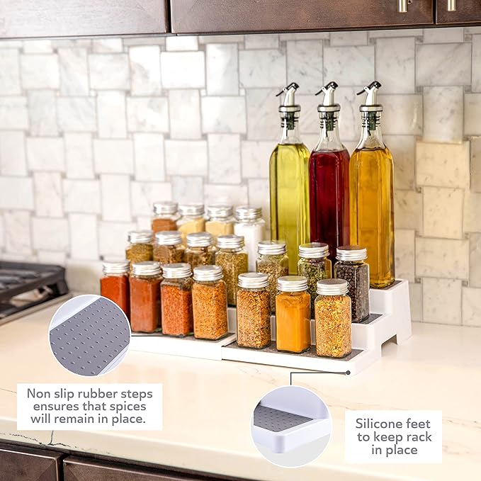 Oizeir 3?밫ier Expandable Plastic Spice Rack - Adjustable Length, Stability with Non-Skid Shelf, Three Tiers for Easy Visibility, Organizer for Kitchen Cabinet, Pantry or Countertop, White/Grey