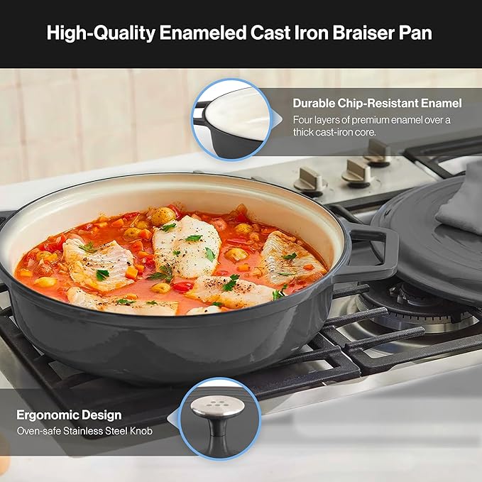 Misen 5.5 QT Braiser ??Enameled Cast Iron Pan for Searing, Braising & Slow Cooking ??No-Chip Enamel Coating ??Extra-Wide Handles ??Superior Heat Retention & Even Cooking - Black