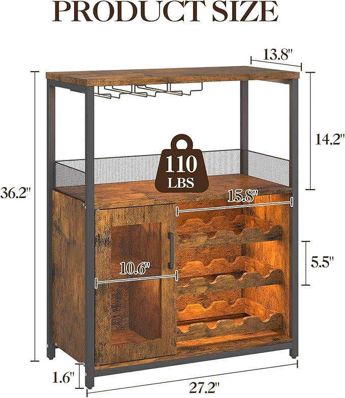 Vintage Industrial Wine Bar Cabinet with Adjustable Wine Racks and Glass Holders, Mesh Door Sideboard Storage Cabinet for Living Room, Kitchen, Dining Room, Compact Design, Easy Assembly,Retro Color