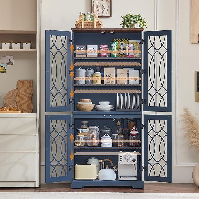 67" Tall Pantry Cabinet Set of 2, Vintage Kitchen Pantries Cabinets with Glass Doors & Adjustable Shelves, Wood Cupboard with Large Storage for Dingning Room, Bathroom, Navy Blue