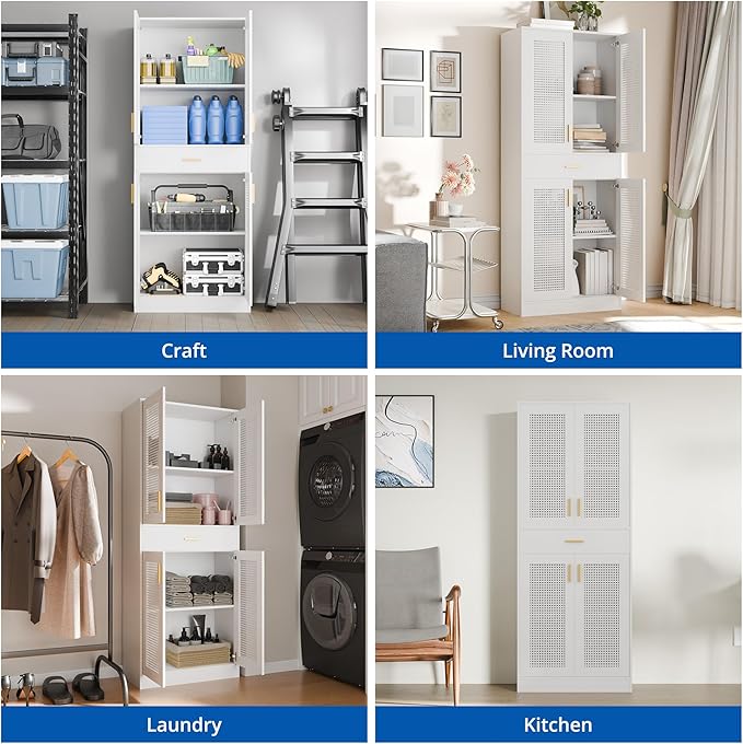 Cozy Castle Kitchen Pantry Cabinet, 71" Tall Rattan Doors Storage Cabinet with Large Drawer and Adjustable Shelves, Freestanding Rattan Pantry Cabinets for Kitchen, Dining Room, Living Room, White