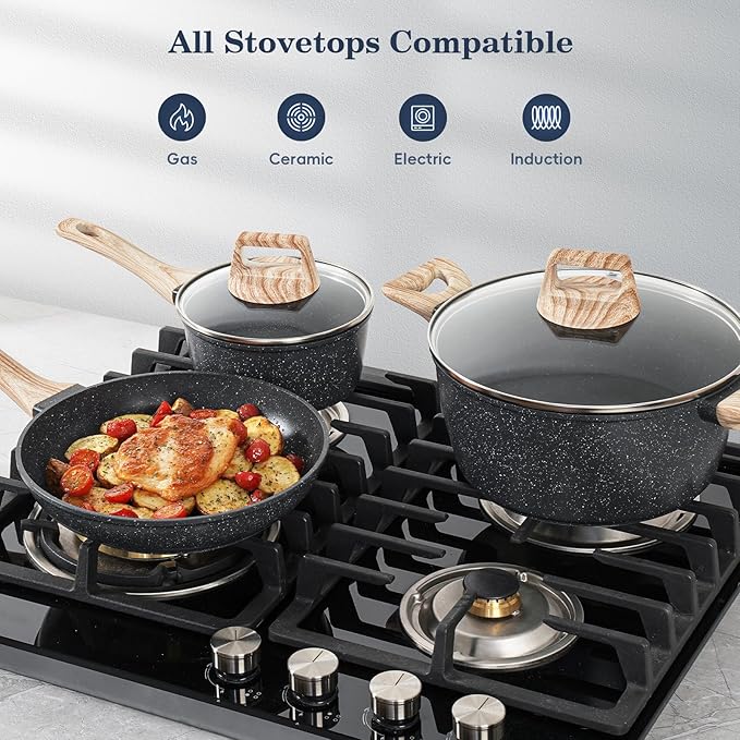 12 Pcs Pots and Pans Set Non Stick, Cookware Sets Black Granite Induction Cookware, Non-toxic Healthy Nonstick Kitchen Cooking Set with Frying Pans Set, Saucepans (PFAS/ PFOA/ PFOS Free)