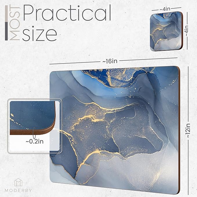 Moderry Set of 4 Heat Resistant Cork Placemats for Dining Table with Free Set of 4 Matching Drink Coasters Marble Design 16 x 12 Inches Cork Backed Hard Placemats (Blue & Gold)