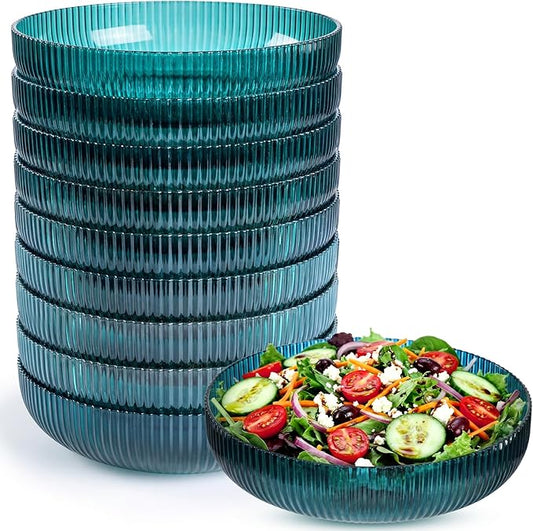 10 Pack 10 Inch Large Plastic Serving Bowls Salad Mixing Bowl Vertical Ribbed Pattern Buffet Party Serving Bowls for Vegetable Fruit Salad Candy Chip Popcorn Snack(Peacock Blue)