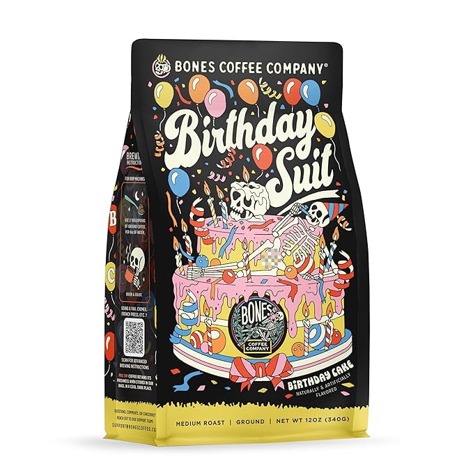 Bones Coffee Company Birthday Suit, Birthday Cake Flavored Coffee, Medium Roast Low Acid Arabica Beans Compatible with Auto drip and French Press Coffee Maker, 12 Oz Ground