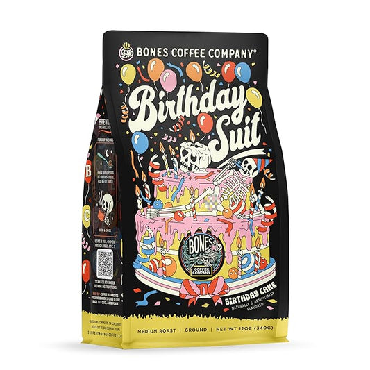 Bones Coffee Company Birthday Suit, Birthday Cake Flavored Coffee, Medium Roast Low Acid Arabica Beans Compatible with Auto drip and French Press Coffee Maker, 12 Oz Ground