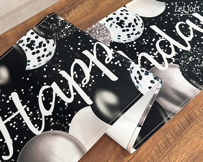 Letjolt Silvery Black Balloon Happy Birthday Table Runner 72 Inches Celebrate Birthday Party Table Decor