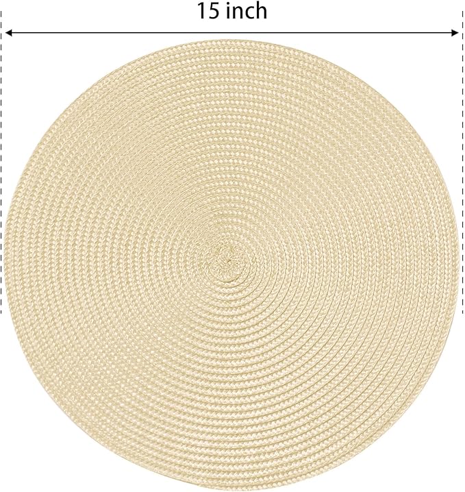 FunWheat Round Braided Placemats Set of 8 Place Mats for Dining Table Woven Washable Non-Slip Table Mats 15 Inch(Ivory,8pcs)