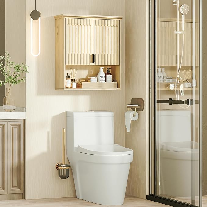 FLOWBACK Bathroom Wall Cabinet Over The Toilet Storage, 23.5횞31.4 Inch Wall Mounted Medicine Cabinet with Adjustable Shelf and Door, Natural Wood Storage Cabinet for Laundry Room, Bedroom Kitchen