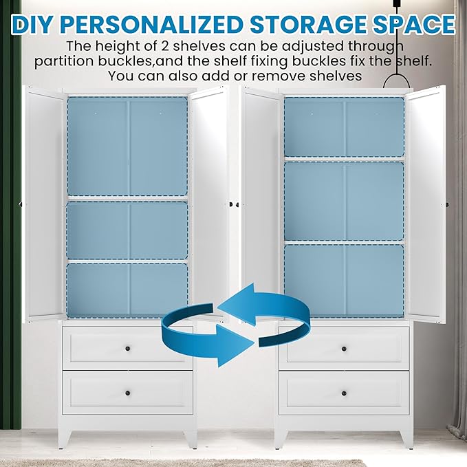 White Steel Pantry Cabinet with 2 Drawers & 2 Adjustable Shelves, Tall Metal Storage Cabinets for Kitchen, Living Room, Bathroom, Heavy Duty Freestanding Utility Cabinet, Assembly Require