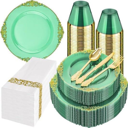 Hioasis 350pcs Green and Gold Plastic Plates - Green Party Plates for 50 Guest, Include 100 Heavy-duty Plates(20% Thicker Than Standard), 150 Cutlery Set, 50 Napkin, 50 Cups