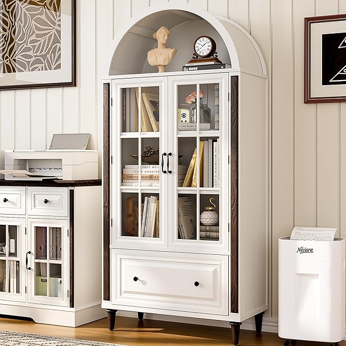 71??Handcrafted Arched Bookcase, Wooden Display Cabinet with Glass Doors and Adjustable Shelves, Elegant Storage Solution for Living Room, Dining Area, and Office, White