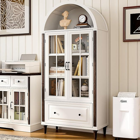 71??Handcrafted Arched Bookcase, Wooden Display Cabinet with Glass Doors and Adjustable Shelves, Elegant Storage Solution for Living Room, Dining Area, and Office, White