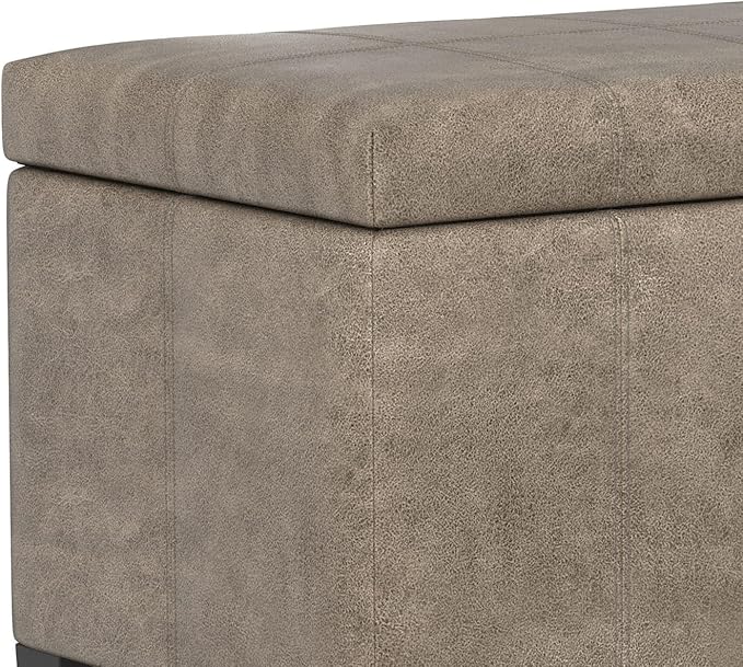 SIMPLIHOME Dover Storage Ottoman Bench - 36 inch Wide Upholstered Vegan Leather Rectangular Lift-Top Ottoman in Distressed Smoky Grey Brown, Contemporary Bench for Living Room with Safety Hinges