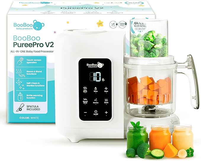 BooBoo PuréePro® 5 in 1 Baby Food Maker, Multifunctional Puree Blender Processor, Auto Cooking & Grinding Chopper, Includes Steamer, Bottle Warmer, Steriliser & Self Cleaning Operation