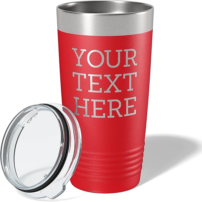 Personalized 20oz (17 Colors) Powder Coated Insulated Stainless Steel Tumbler with Lid, Custom Etched, Customized Text Message Name, Engraved Gift Idea Women Men Him Her, Your Text Here (Red)