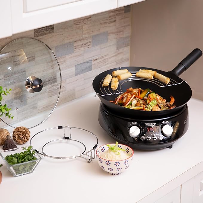 Nuwave Mosaic Induction Wok, Precise Temp Controls from 100째F to 575째F in 5째F, Wok Hei, Infuse Complex Charred Aroma & Flavor, 3 Watts 600,900 & 1500, Authentic 14-inch Carbon Steel Wok Included,Black