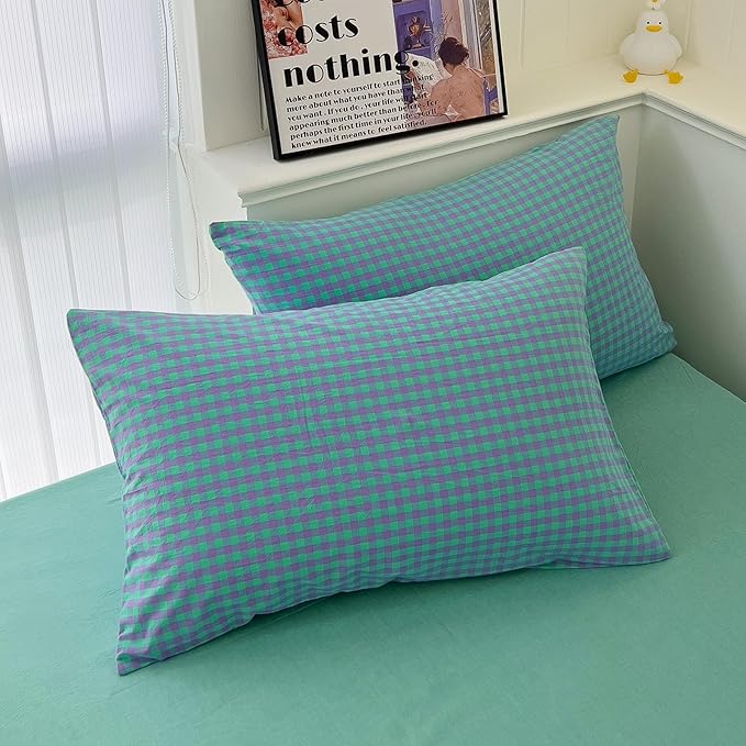 LifeTB Green Gingham Comforter Set Full Modern Style Green Purple Plaid Comforter Set Fluffy Soft Farmhouse Gingham Bedding Comforter 3 Pieces Grid Checkered Pattern Comforter with 2 Pillowcases