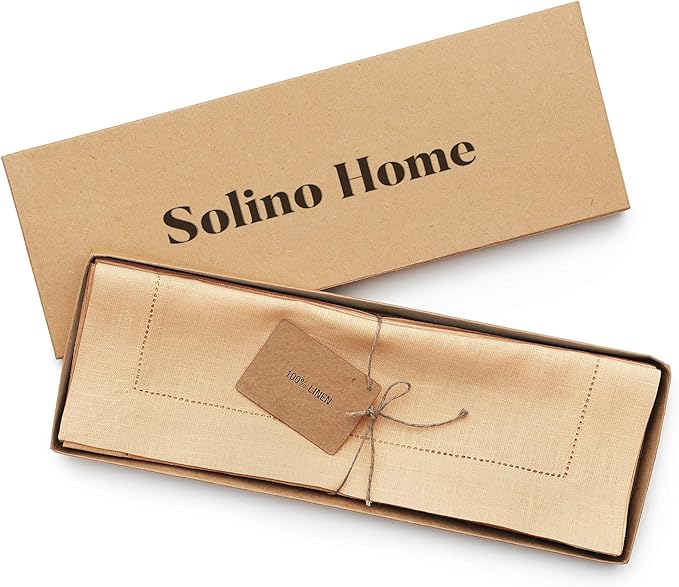 Solino Home Linen Placemats Set of 4 - Classic Hemstitch Beige Placemats 14 x 19 Inch - 100% Pure Linen Table Mats for Spring, Easter