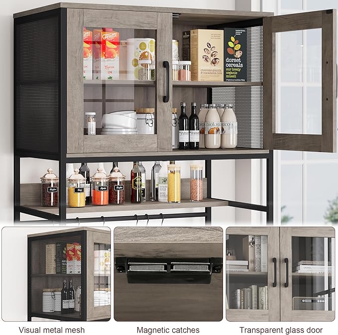 Hutch Cabinet with Storage, 71" H Kitchen Pantry Storage Cabinet with Microwave Stand, Hooks, Drawers for Home Bar, Kitchen, Dining Room, Industrial