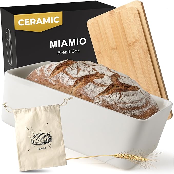 MIAMIO ??Bread Box for Kitchen Countertop/Ceramic Bread Box with Cutting Board, Bread Container with Bamboo Lid, 12.6 x 7.9 x 4.5 inches