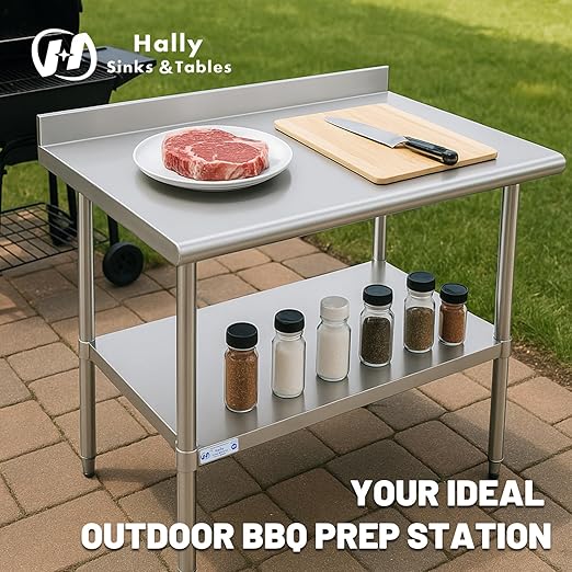 Hally Stainless Steel Table for Prep & Work 30 x 30 Inches, NSF Commercial Heavy Duty Table with Undershelf and Backsplash for Restaurant, Home and Hotel