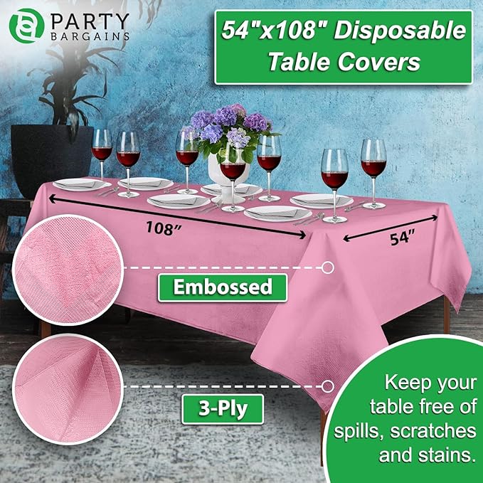 PARTY BARGAINS Disposable Table Covers, 54 x 108 Inch, Pink, 3-Ply Paper & Plastic Spill-Resistant Party Tablecloths, 10 Pack