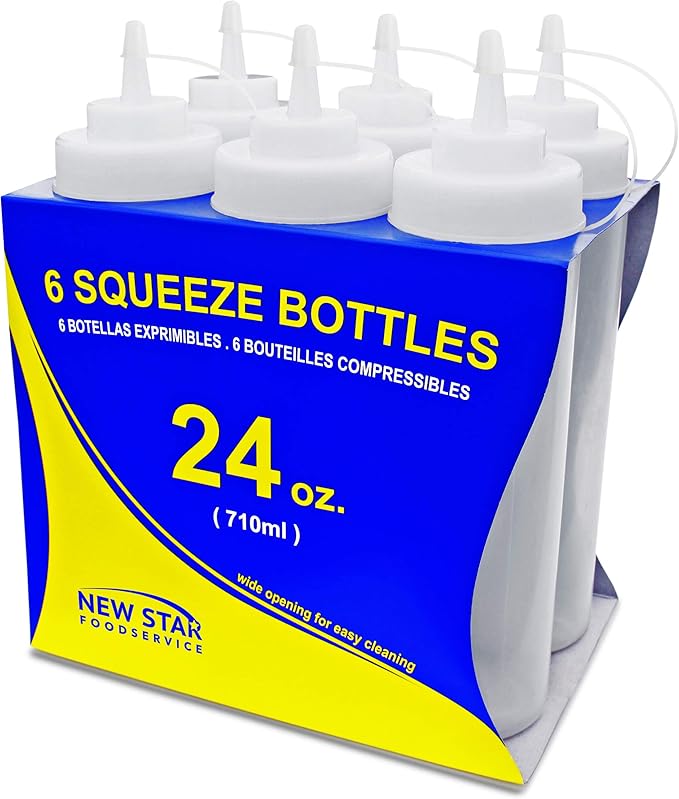 New Star Foodservice 26238 Squeeze Bottles, Plastic, Wide Mouth, 24 oz, Clear, Pack of 6