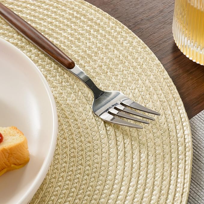 FunWheat Round Braided Placemats Set of 8 Place Mats for Dining Table Woven Washable Non-Slip Table Mats 15 Inch(Ivory,8pcs)