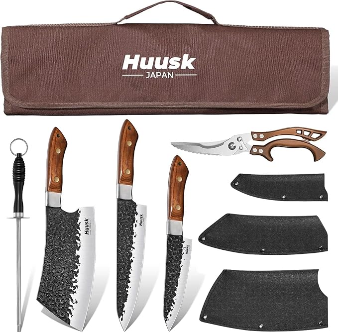 Huusk Chef Knife Set 5Pcs - Hand Forged Meat Cleaver & Chef Viking Knife & Utility Knives, Kitchen Knives Set with Bag for Cooking, Outdoor Camping, BBQ, Christmas Gifts for Men
