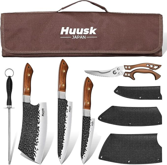 Huusk Chef Knife Set 5Pcs - Hand Forged Meat Cleaver & Chef Viking Knife & Utility Knives, Kitchen Knives Set with Bag for Cooking, Outdoor Camping, BBQ, Christmas Gifts for Men