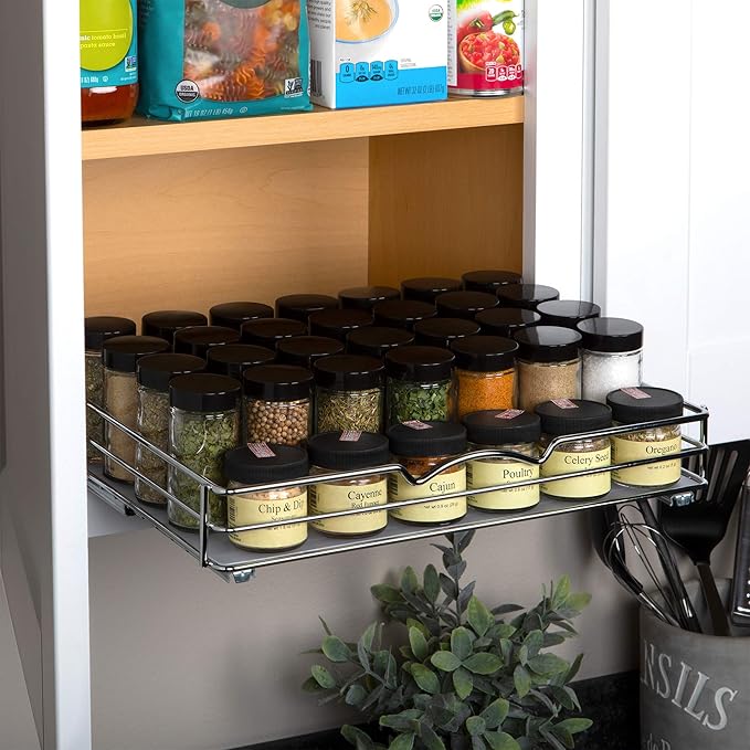 Pull Out Cabinet Organizer for Spices, Cans - Heavy Duty with Lifetime Limited Warranty- Pull Out Spice Rack- Cabinet Pull Out Shelf for Cans,Dishes, Etc, 14-3/8"Wx 10-1/2"D x 2-3/4??H, Chrome