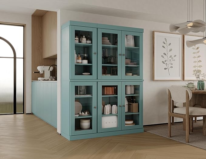 Palace Imports 100% Solid Wood 48.5" Pantry China Cabinet with Clear Glass Doors and Adjustable Shelves (Aqua)