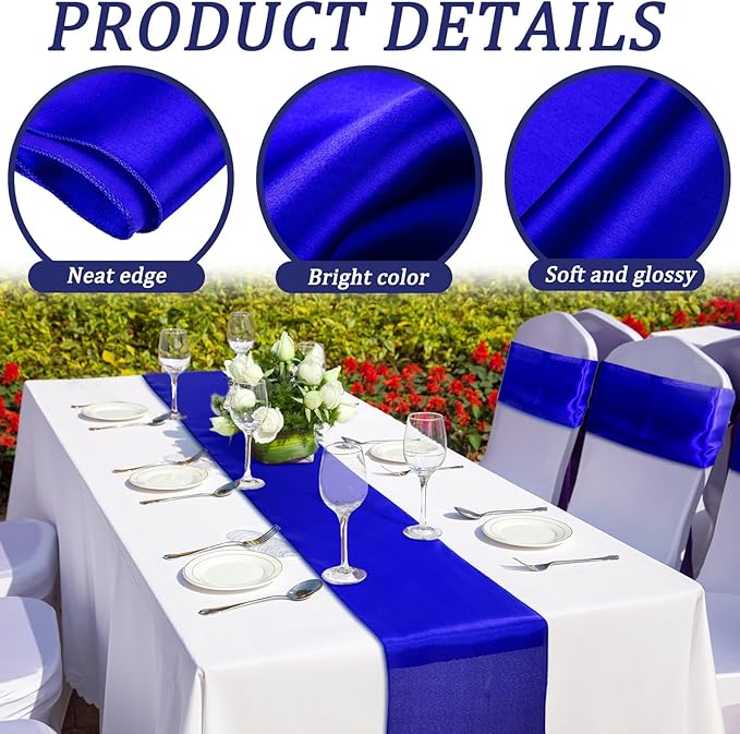 Bencailor 24 Pcs Royal Blue Satin Table Runner Bulk 12 x 108 Inches Long Table Runners Bright Smooth Fabric Tablecloth for Wedding Banquet Birthday Valentines St Patrick's Day Party Decorations