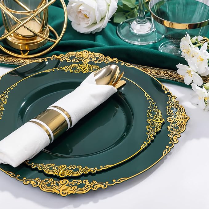 Nervure 350PCS Green Plastic Plates - Green Gold Plastic Dinnerware Sets for 50 Guests - 100 Disposable Plates, 150 Gold Silverware, 50 Cups, 50 Napkins for Wedding & Party